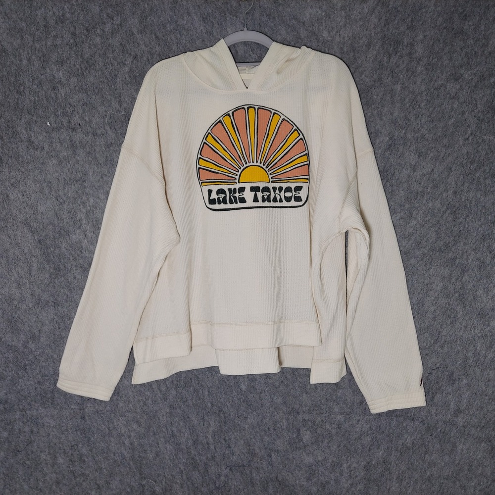 League Women Waffle Knit Hoodie XL Cream Retro Lake Tahoe Sunburst Graphic